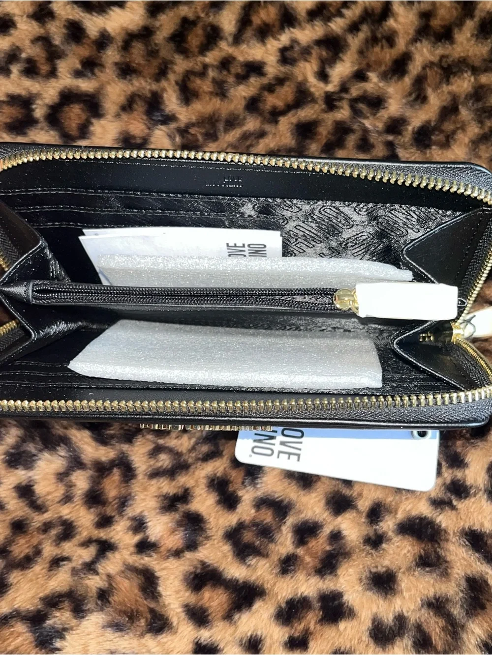 Love Moschino Black Quilted Studded Zip Wallet with Gold Heart Details